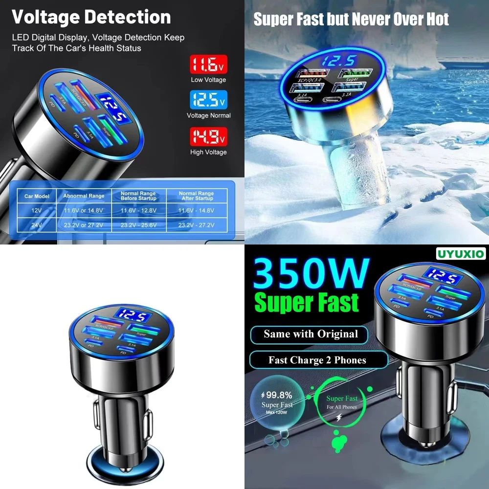 6 in 1 Car Phone Charger Dual PD Quad USB LED Voltage Monitor SCP Super Fast Charge for iPhone 17 16 15 14 Samsung S26 S25