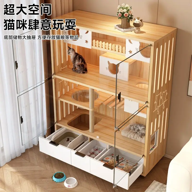 

Solid wood cat cage home indoor super large free space cat nest toilet integrated cat cabinet drawer villa