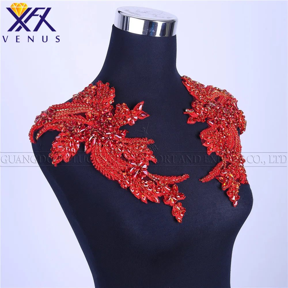 XFX VENUS 1 Pair Sew On Trim Sparkly Handmade Red Beads Patches Rhinestone Applique Crystal Bodycon Elegant bodice decorative