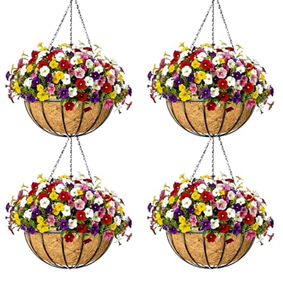 

Набор из 4 металлических подвесных кашпо 16 дюймов с натуральным круглым кокосовым волокном для подвесных цветов/овощей для дома, сада, патио