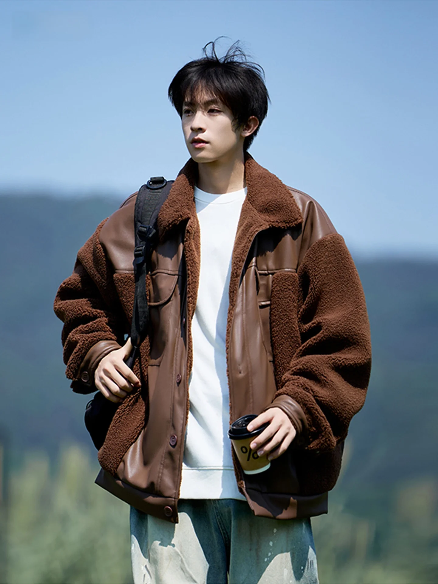 

Lamb Fur Patchwork PU Leather Thiened Winter Jaet Men's Faion Motorcycle Sle Cotton Coat Warm Youth Casual Long Sve