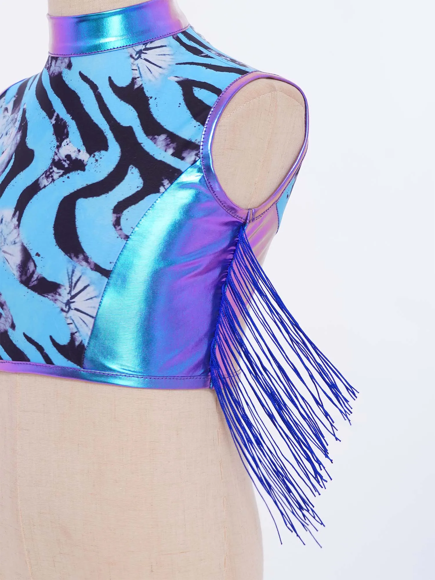 キッズ ガールズ シャイニー メタリック ジャズ ヒップホップ ダンス コスチューム タッセル 衣装 ノースリーブ クロップトップ パンツ付き パフォーマンス スポーツ ヨガ用