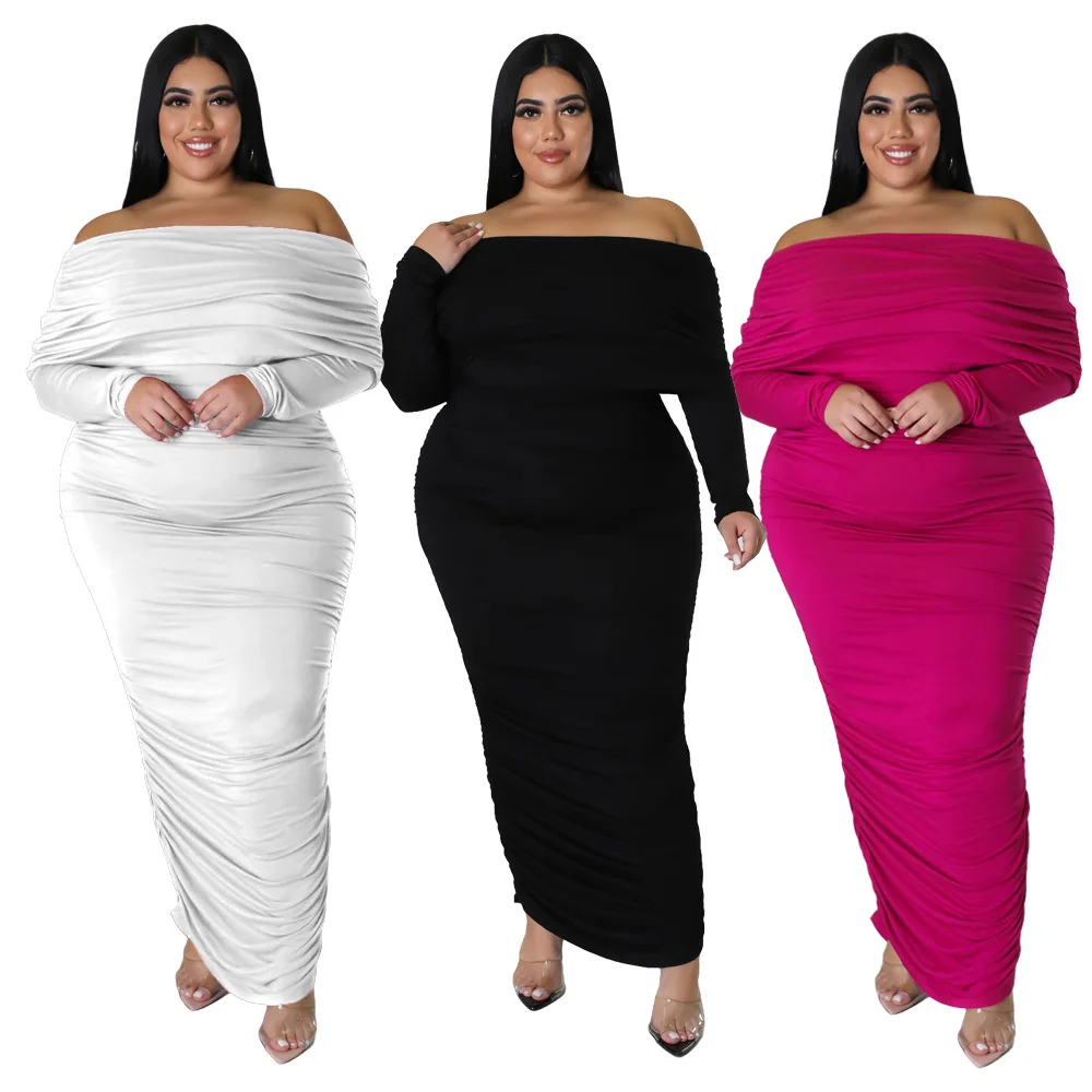 SOMO 4x Solid Plus Size Clothes Spring Sexy Off Shoulder Skinny Vintage Pleated Long Sleeve Maxi Dress Wholesale Dropshipping