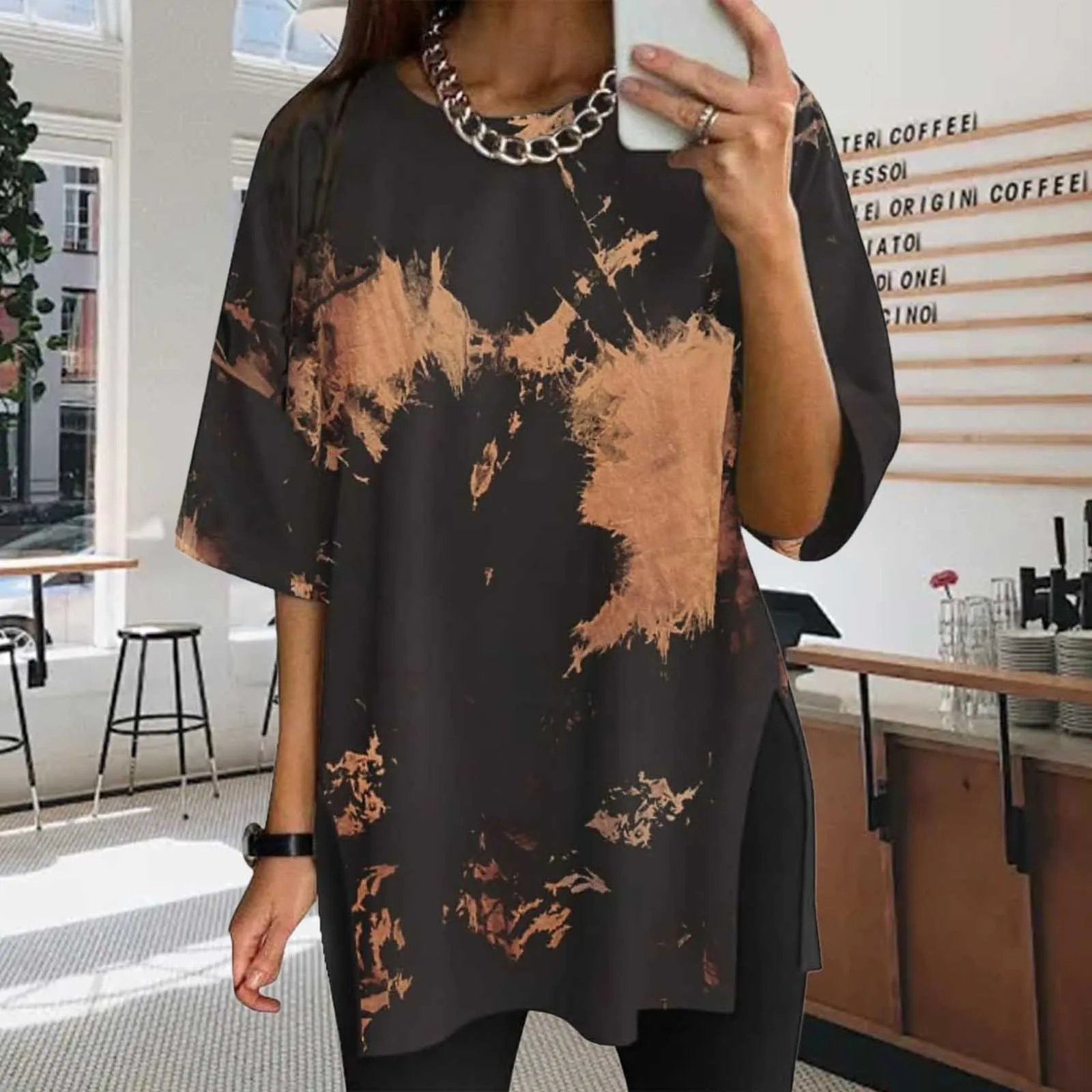 Tie Dye Women Oversized T Shirts Top Round Neck Graphic Tees Mid Length T shirts Side Slit Loose Tee Shirts Female Plus Size Top