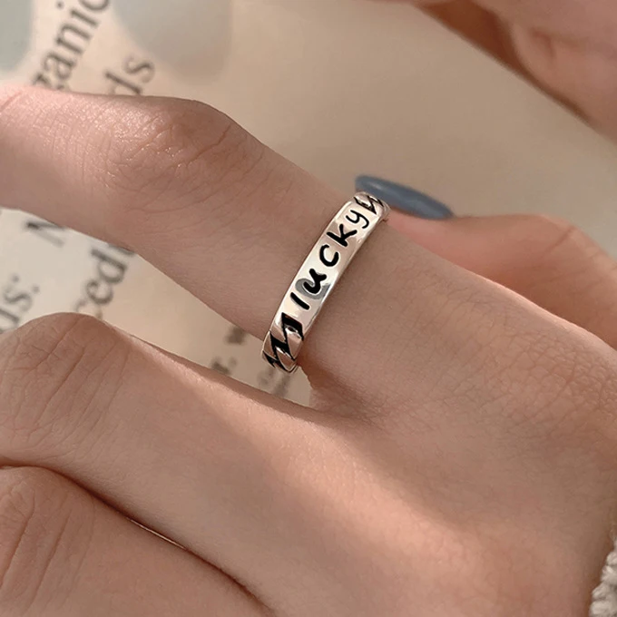 MEETSOFT-anillos de plata 925 con letras de la suerte para mujer, cadena ajustable, joyería fina, accesorios minimalistas