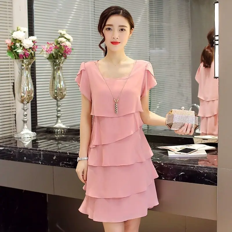 2024 Dress For Women Summer Wave Cut Ruffle Sweet Solid Short Sleeve Slim Dresses Lady Casual All-match Vestido O-Neck Chiffon