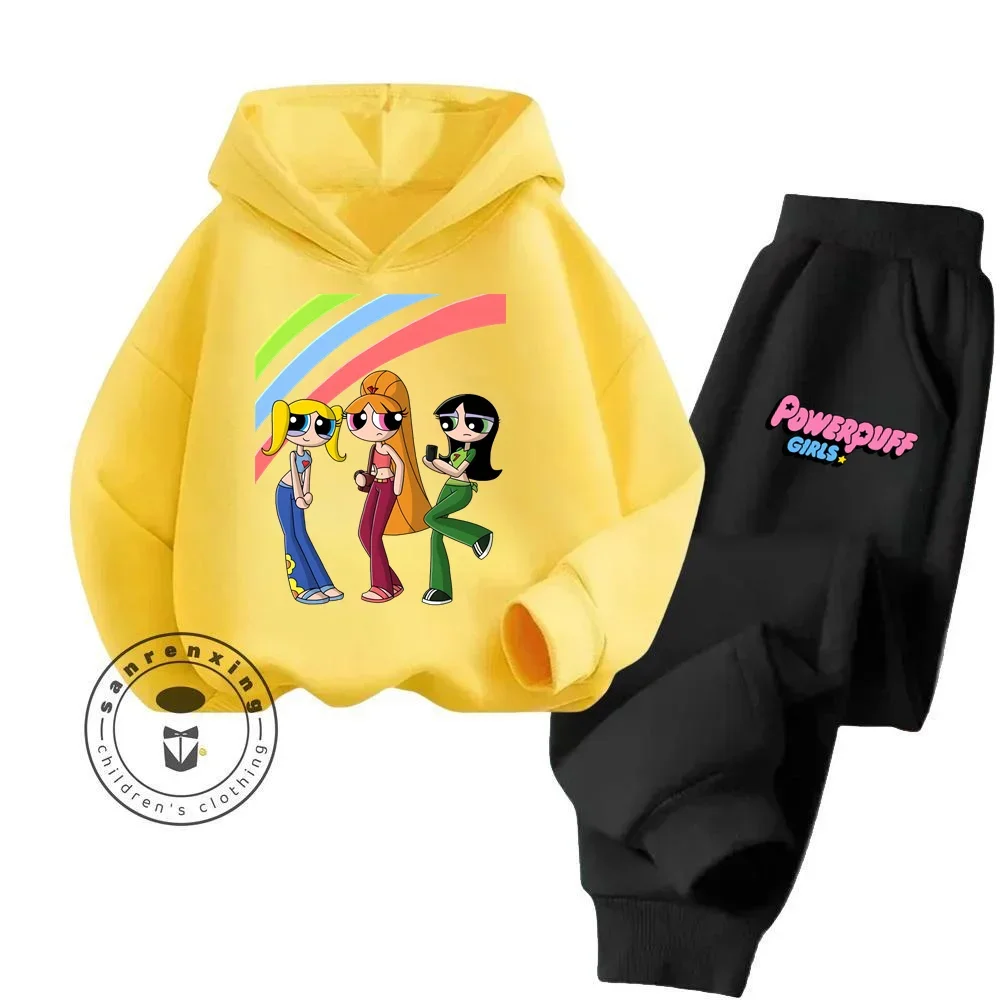 Simple Yet Stylish The Powerpuff Girls Kids' Attire Minimalist Hoodie Sets with Cute Cartoon Casual Outings in Colder Months