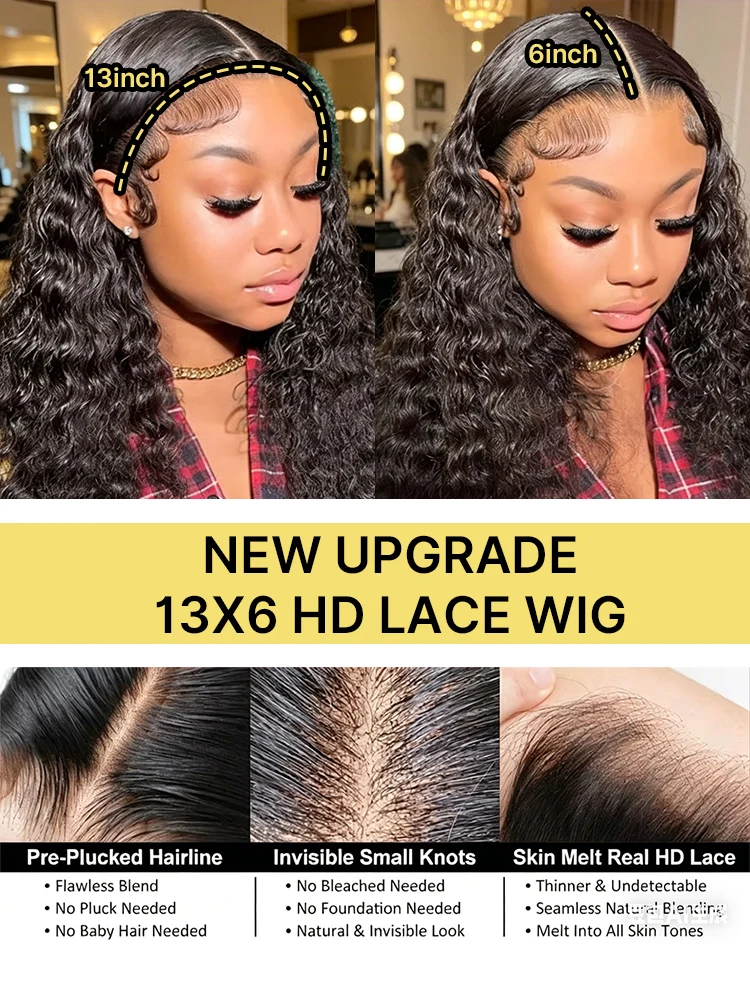 Deep Wave 13x6 Lace Front Human Hair Wigs 250% Density 13x4 HD Transparent Water Wave Curly Lace Frontal Wigs With Baby Hair Natural Color Daily Party 40 46 Inch Pre Plucked view 6