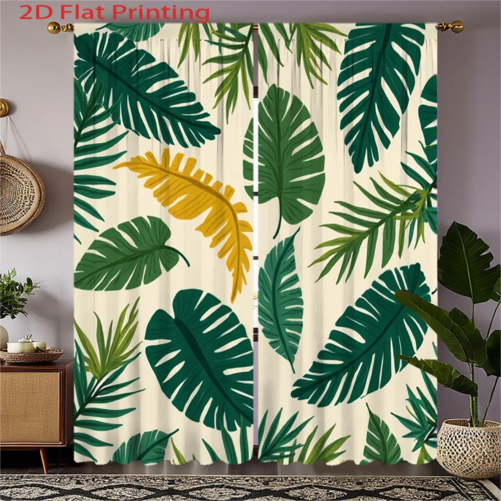 

2pc Tropical leaf pattern curtains, made of polyester fabric, machine washable, suitable for bedroom and living room décor.