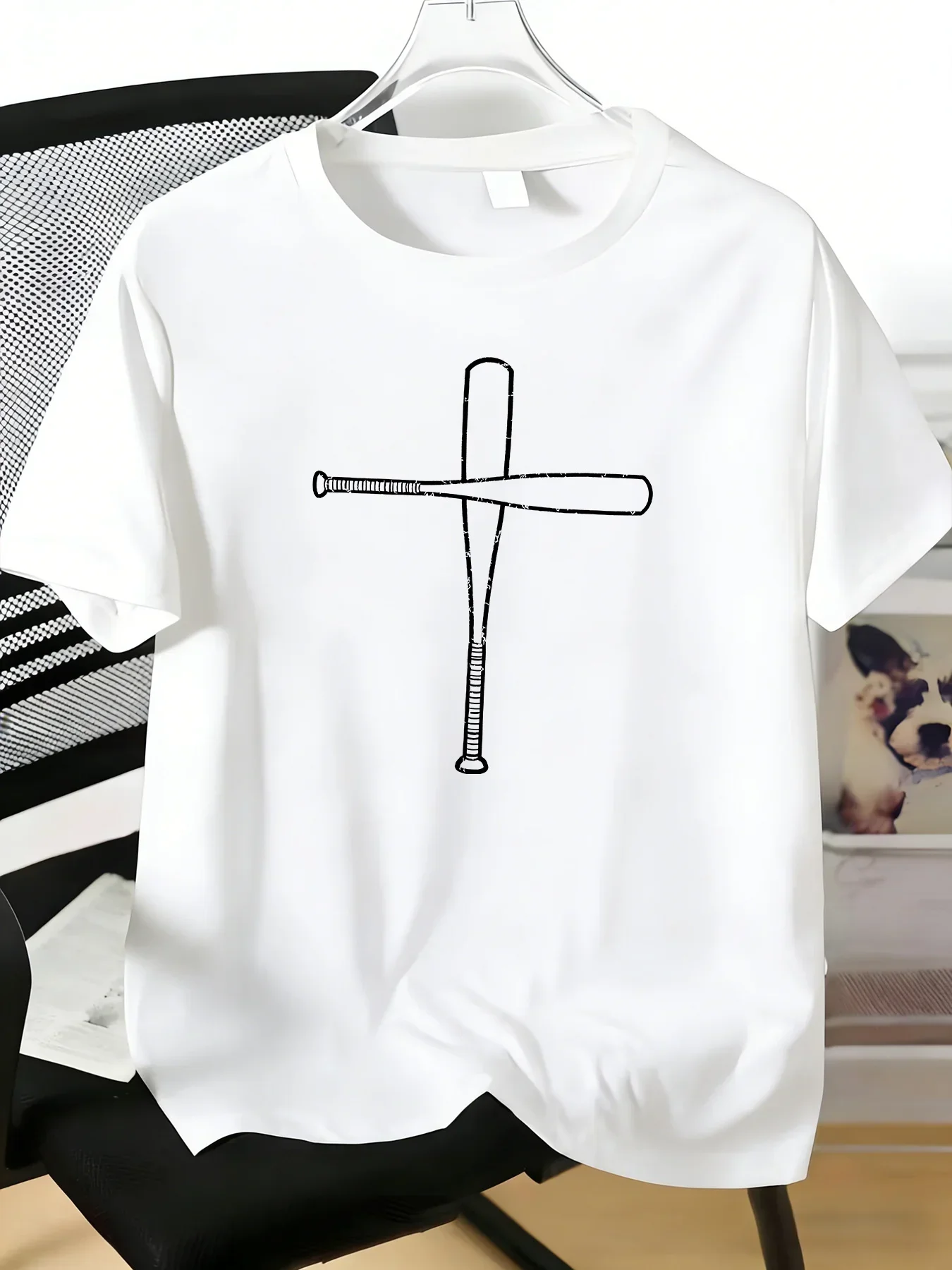 Men Line Art Baseball Bat Cross Graphic Cotton Crew Neck Short Sleeve Tee For Sports Fans Summer Casual Street Daily Outfit