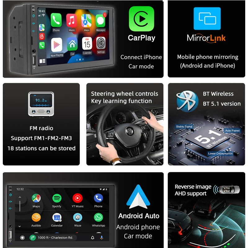 2 Din Carplay Car Radio Bluetooth Android Auto 7