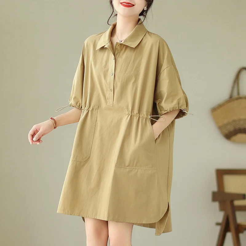 2024 New Summer Bubble Sleeves Short Front and Long Back Loose Large Workwear Dress One Large Size  Fit for Fat Women Female Lad