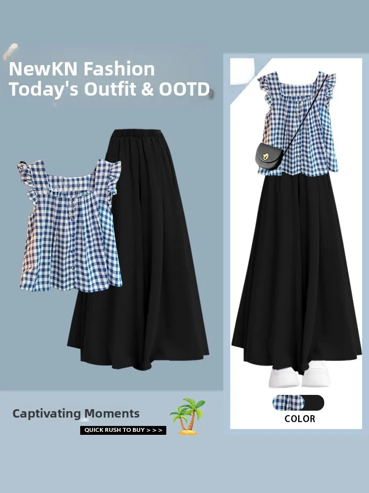 

Синий клетчатый комплект из топа и брюк в корейском стиле, повседневный молодежный костюм из двух предметов для молодых женщин, летний стильный комплект.