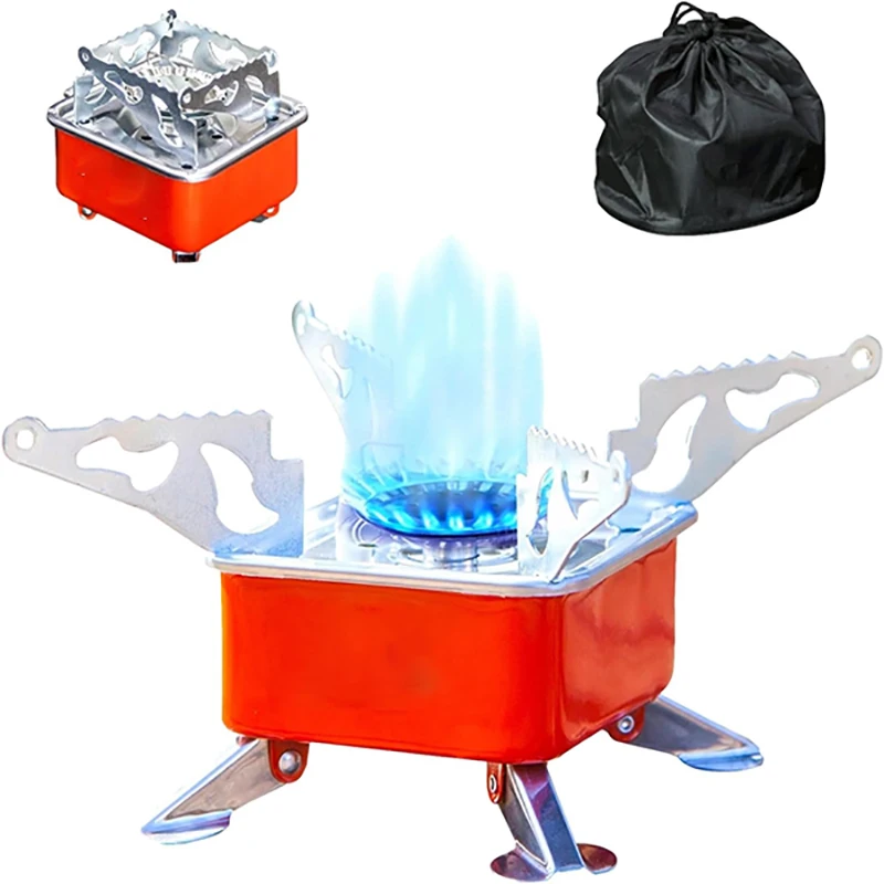 Portable Camping Stove Mini Square Stove Foldable High-Efficiency Gas Stove Outdoor Cooking Utensil Hiking BBQ Windproof Stoves