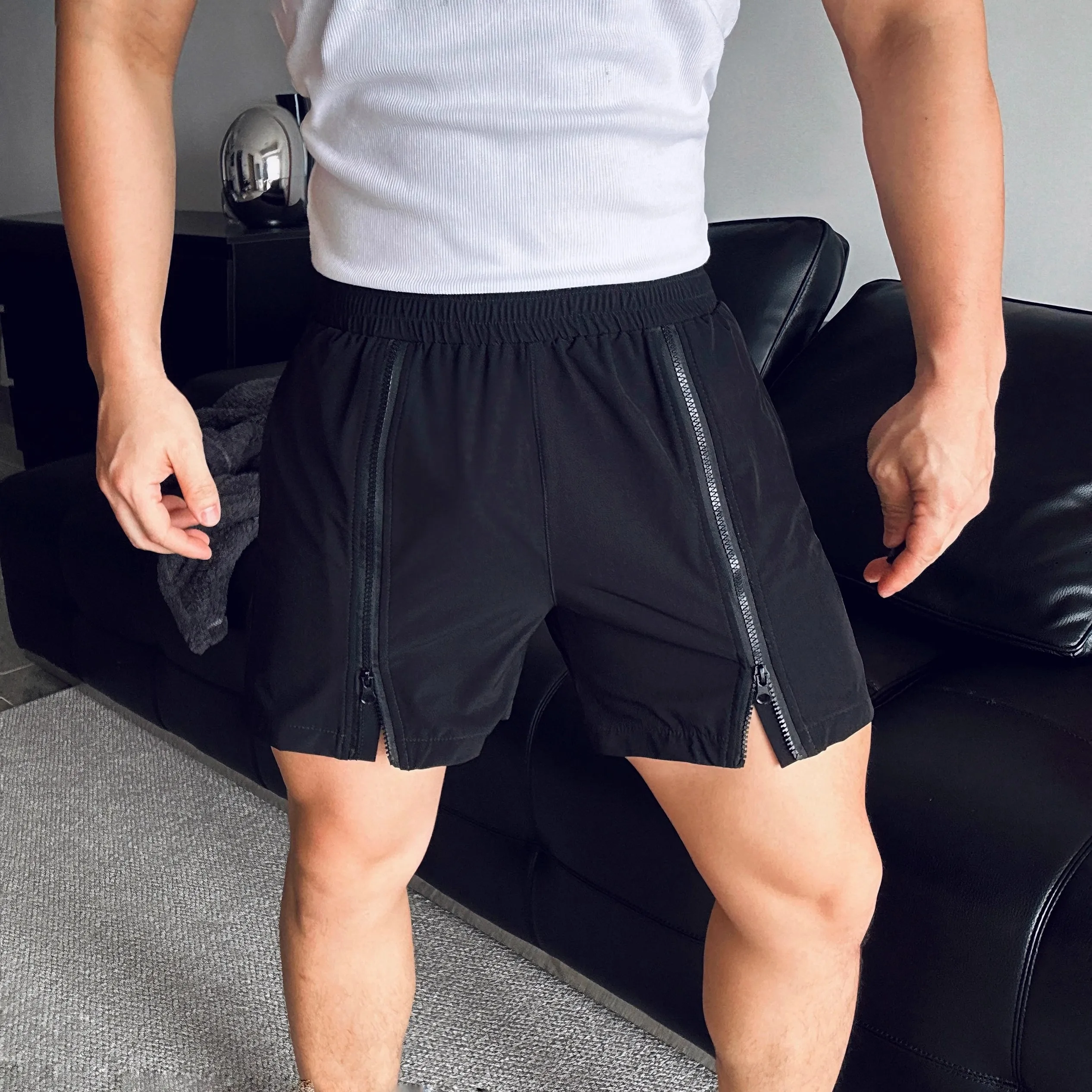 Black White Pink Men Women Sport Short Elastic Waist Double Zipper Fashion Fitness Waterproof Beach Pant Singer Dance Stage Wear