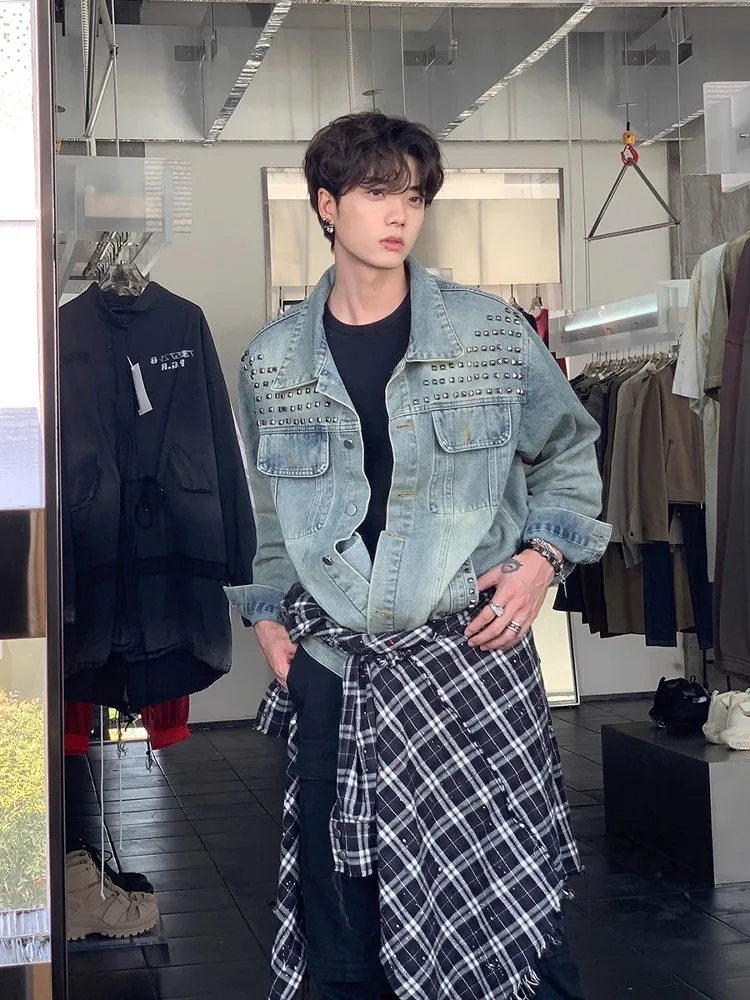 

Retro American Waed Heavy Du Rivet Denim Jaet for Men Loose Casual Trendy Cool Sle Youthful Long Sve Pure Color