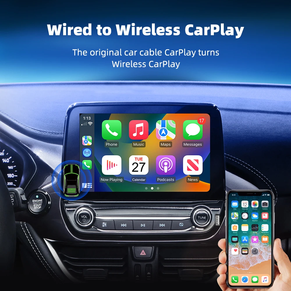 EKIY 2w1 Bezprzewodowy klucz CarPlay Bezprzewodowy adapter Android Auto AI Smart Box Samochodowe inteligentne systemy do samochodu z przewodowym CarPlay — zdjęcie 5