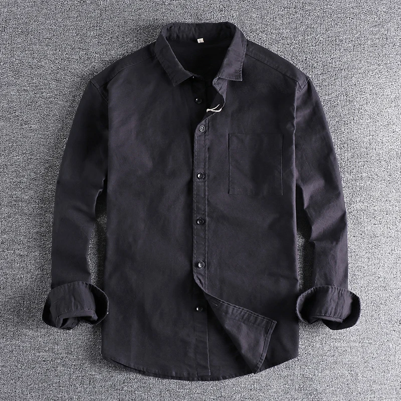 

Casual Loose Long Sleeve Pure Color Shirt Men's Style Simple Retro Hong Kong Fashion Shirt Youth Spring Season Standard Fit
