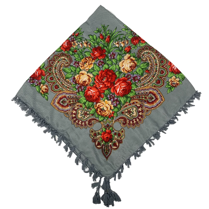 90*90cm WomenRussian Floral Square Scarf Traditional Ukrainian Fringed Bandana Shawls Babushka Handkerchief Lady Head Scarves