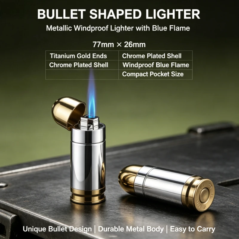 3-in-1 Bullet Shaped Metal Lighter Windproof Butane with LED Flashlight Bottle Opener Portable EDC Gadget for Outdoor Camping