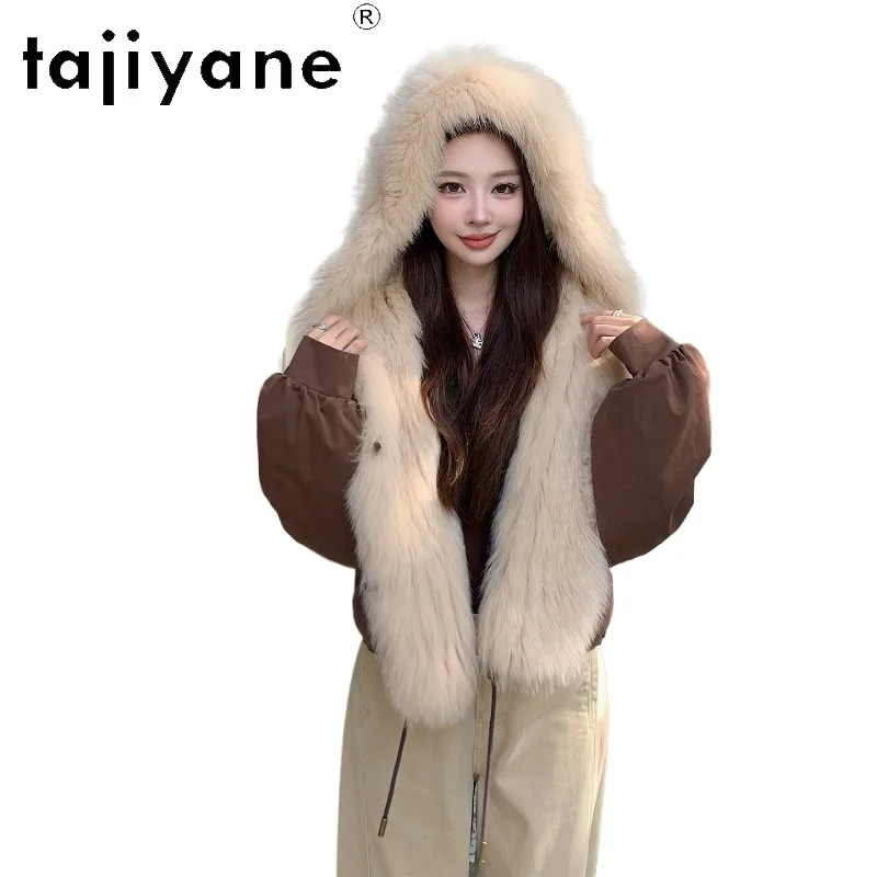 TAJIYANE レディース ホワイトグースダウンジャケット 暖かいフード付きフォックスファー襟付きレディースパーカーコート 2025年新作冬服 女性服 ropa mujer