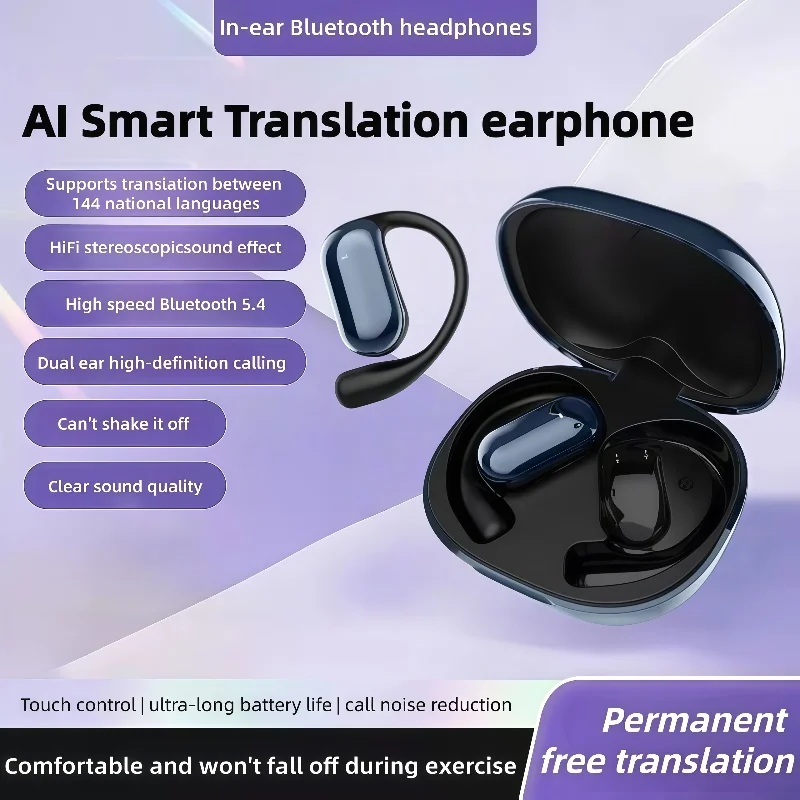 Q16S AI Translator Earbuds Earphones Bluetooth 5.4 Open-Ear Wireless Headphones LCD Screen BASS Stereo 8 Hours Long-life