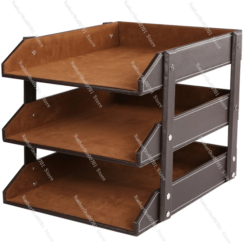 Leather Desk File Organizer, 3-Tier Vertical Document Holder for Office, Black Multi-Layer Paper Tray