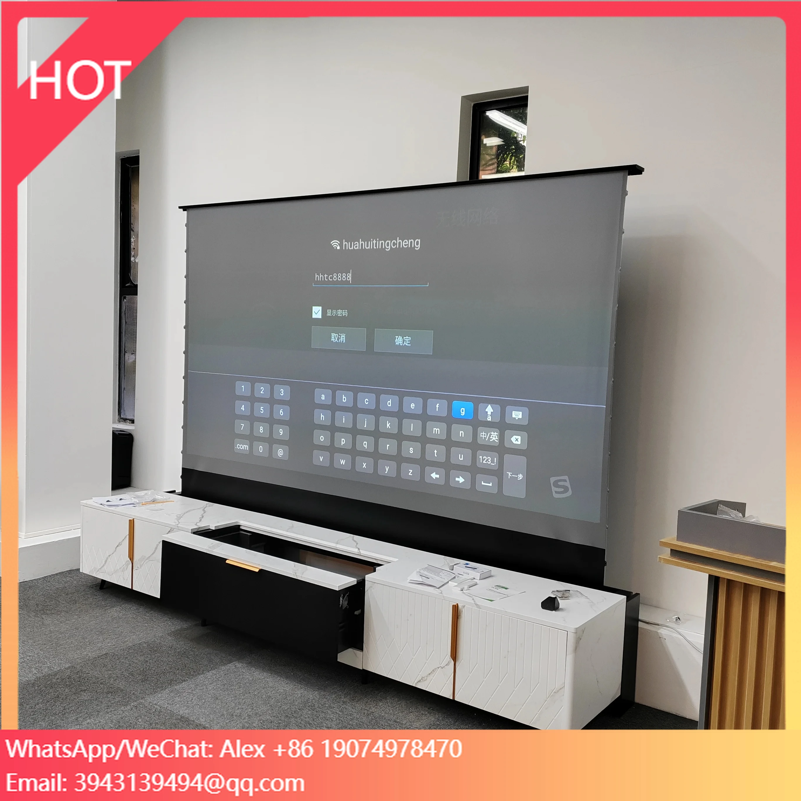Home Cinema Ultra Short Throw Laser Projector CBSP 100 Inch Motorized Floor Up Rising Clr Alr Projection Screen With Cabinet