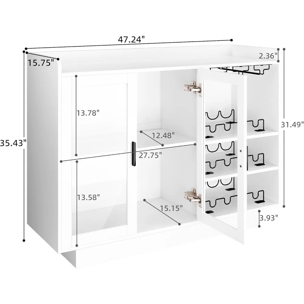 Weinbarschrank mit LED-Leuchten, 47er moderner weißer Spirituosenschrank für Zuhause mit großem Stauraum, Weinregalen und Glashol