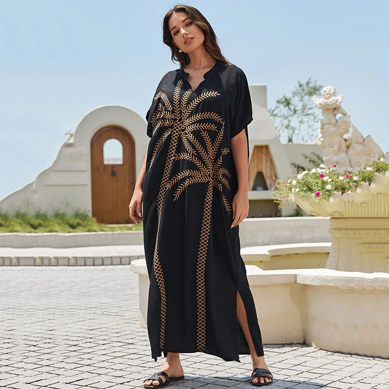 

Golden Coconut Tree Oasis Island Inspired Embroidery Kafan Women Classical Fashion Black Maxi Dress Boho Summer Beach Cover UpS