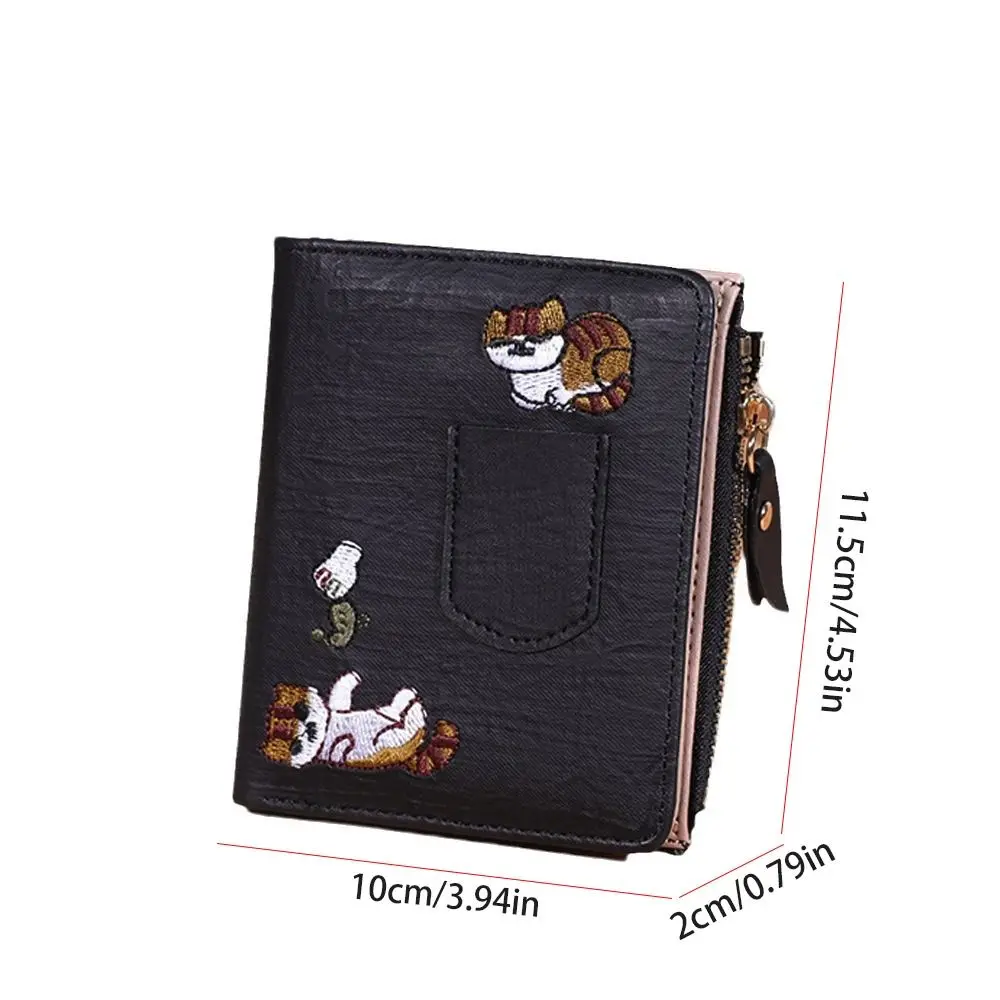 Portafoglio per gatti ricamato in stile coreano semplice, pochette corta ultra sottile, portamonete con cerniera, borsa per carte di tela da donna