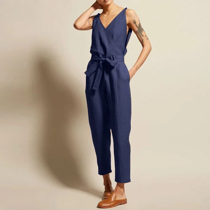 

Women Fashion Sleeveless Solid Simple Beach Loose Jumpsuits Summer High Waist Mature Female New Long Jumpsuit with Belt Holiday