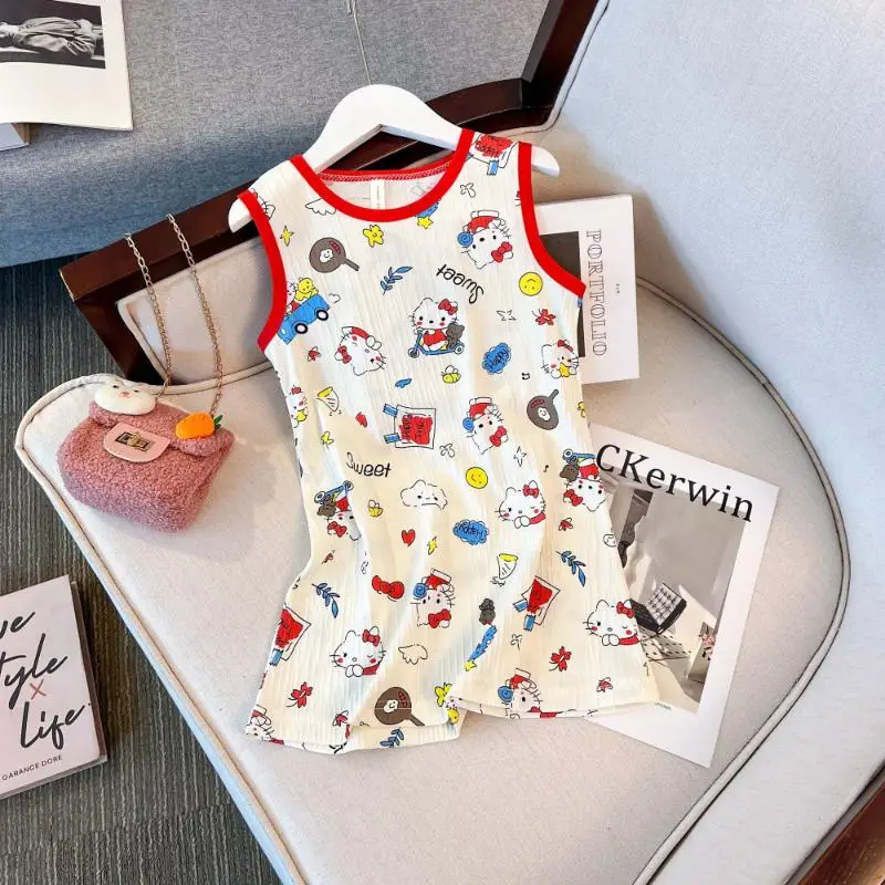 

Sanrio Summer Sleeveless Night Dress New Style Cartoon Car Hello Kitty Full Print Vest Round Neck Casual Outdoor Home Clothing