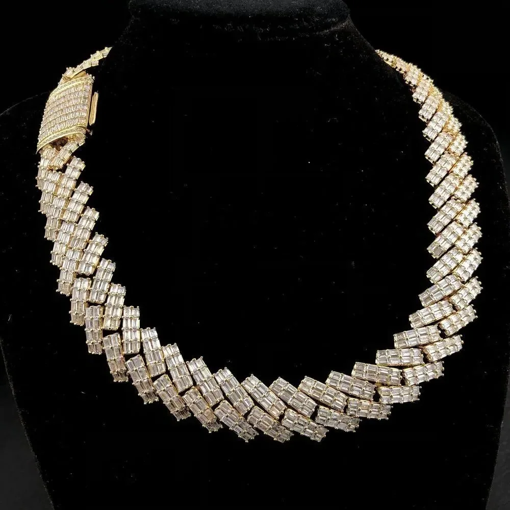 

hip hop rapper jewelry 19mm 925 silver double row Baguette Moissanite Miami iced out Cuban Chain Link Necklace