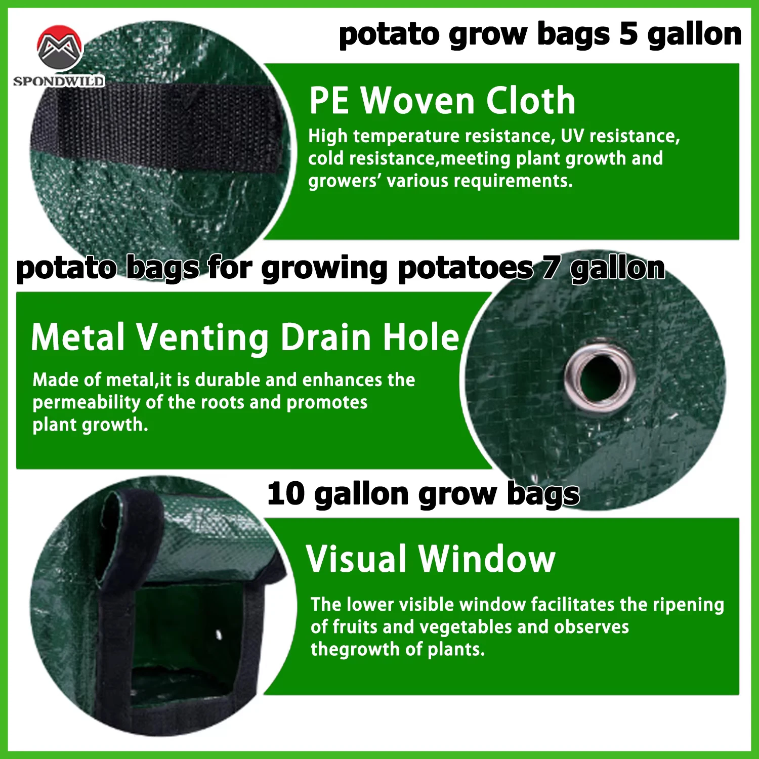 SPONDWILD 5Pcs 7Gallon Grow Bag PE Vegetable Grow Bags DIY Fabric Grow Pot Growing Bag Vegetable Plant Bag Outdoor Garden Pots