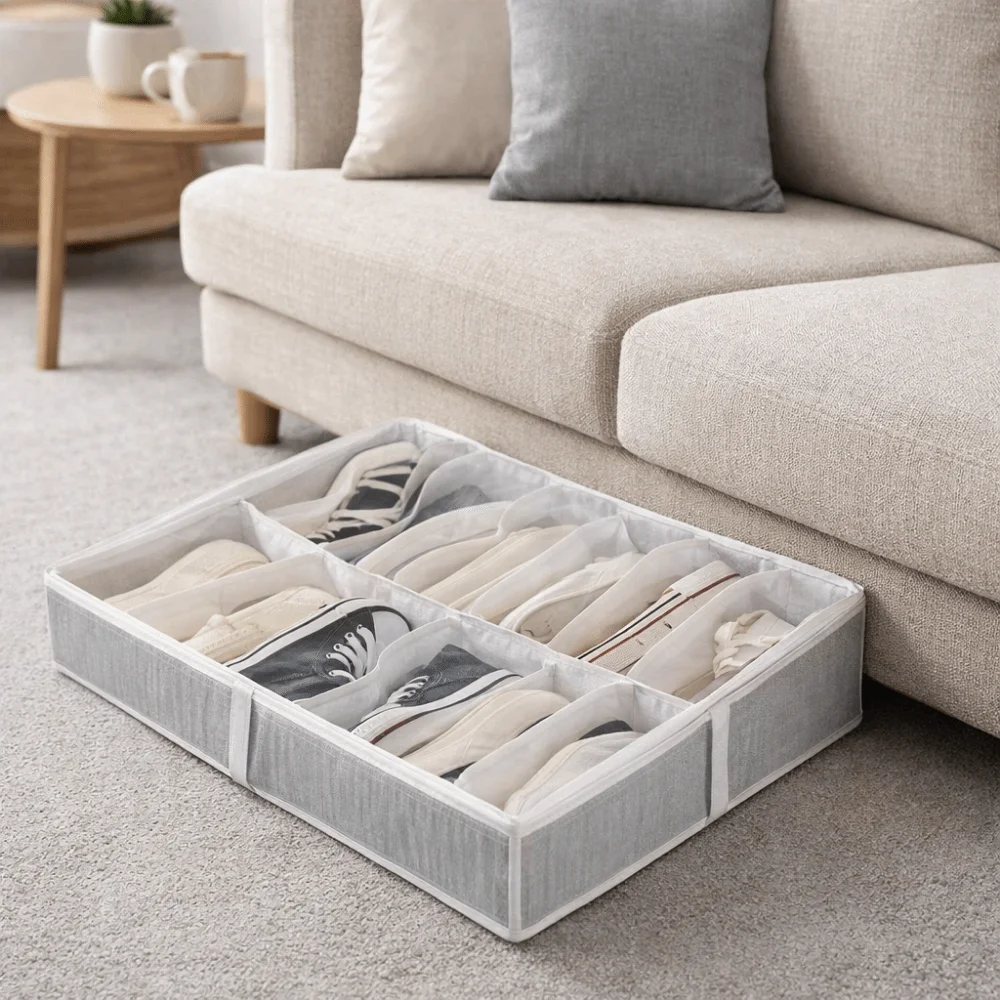 

Non-woven Fabric Under Bed Shoe Storage Box Large Capacity 12 Grids Shoes Storage Bag with Clear Window Folding Shoes Organizer