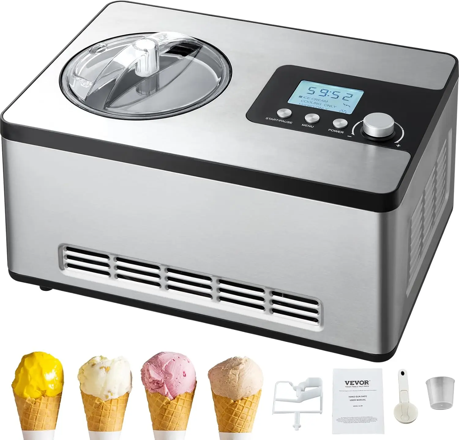 Automatic Ice Cream Maker with Built-in Compressor, Stainless Steel Electric Sorbet Maker, 2 Quart No Pre-freezing Fruit Y