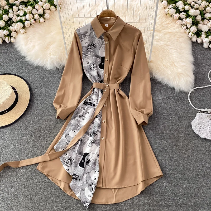 New Runway Design Spring Autumn New Irregular Cardigan Color Blocking Lapel Long Sleeve Shirt Dress