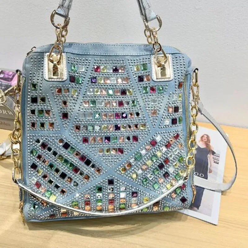 Bucket bag Denim jean casual women handbags designer shoulder bags rhinestone decorative womens messenger bag totes