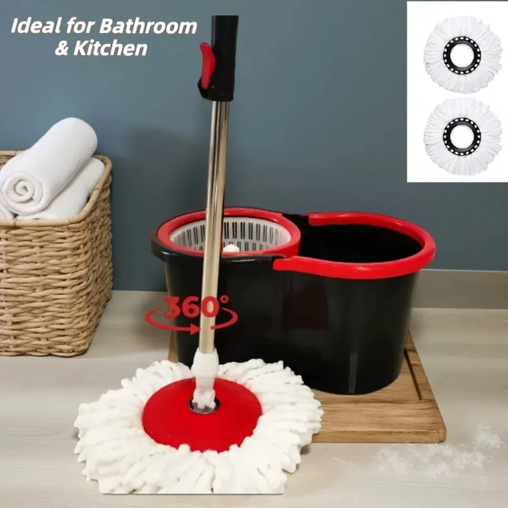 

360° Spin Mop Bucket Set with Soap Dispenser, 2 Reusable Microfiber Heads, 61" Stainless Steel Handle Floor Cleaner