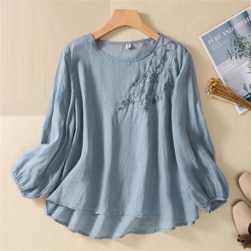 Women Trendy Vintage Embroidery Long Sleeve Cotton Linen T-shirt Female Simple Casual Solid O Neck Loose Irregular Pullover Tops