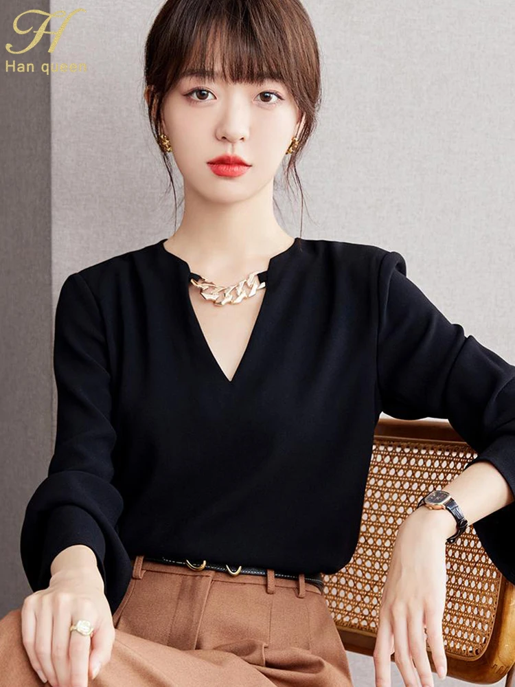 H Han Queen New 2024 Autumn Loose Long Sleeve Chiffon Blouse Work Casual Tops Simple Basic Blouses Women\'s Black Vintage Shirt