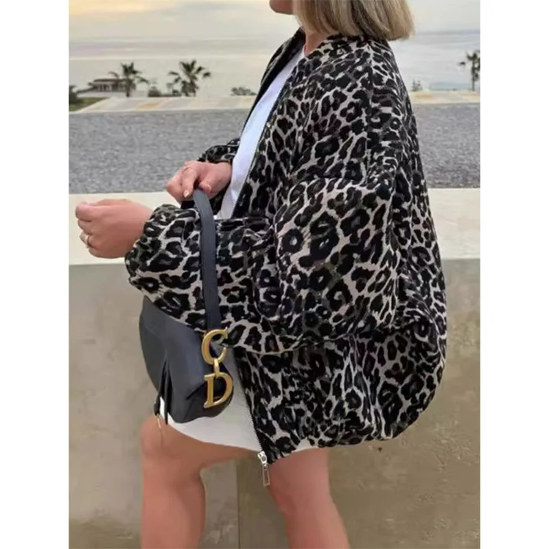 Casaco de leopardo com zíper feminino, manga comprida, retro com gola redonda, casaco casual, moda de rua, novo, outono, 2024