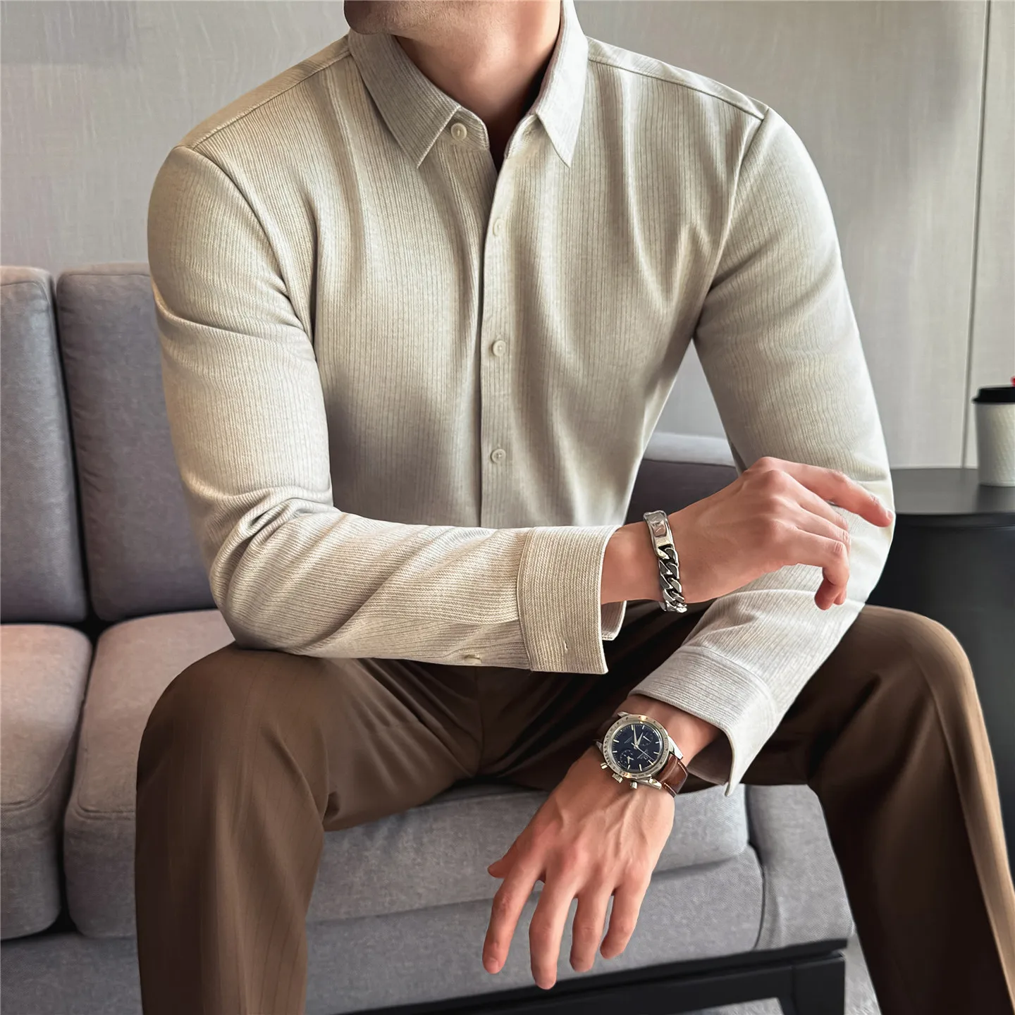 

Осень-зима, шерстяная однотонная повседневная рубашка, мужская бесшовная деловая рубашка с длинными рукавами, облегающая офисная форма, рубашки