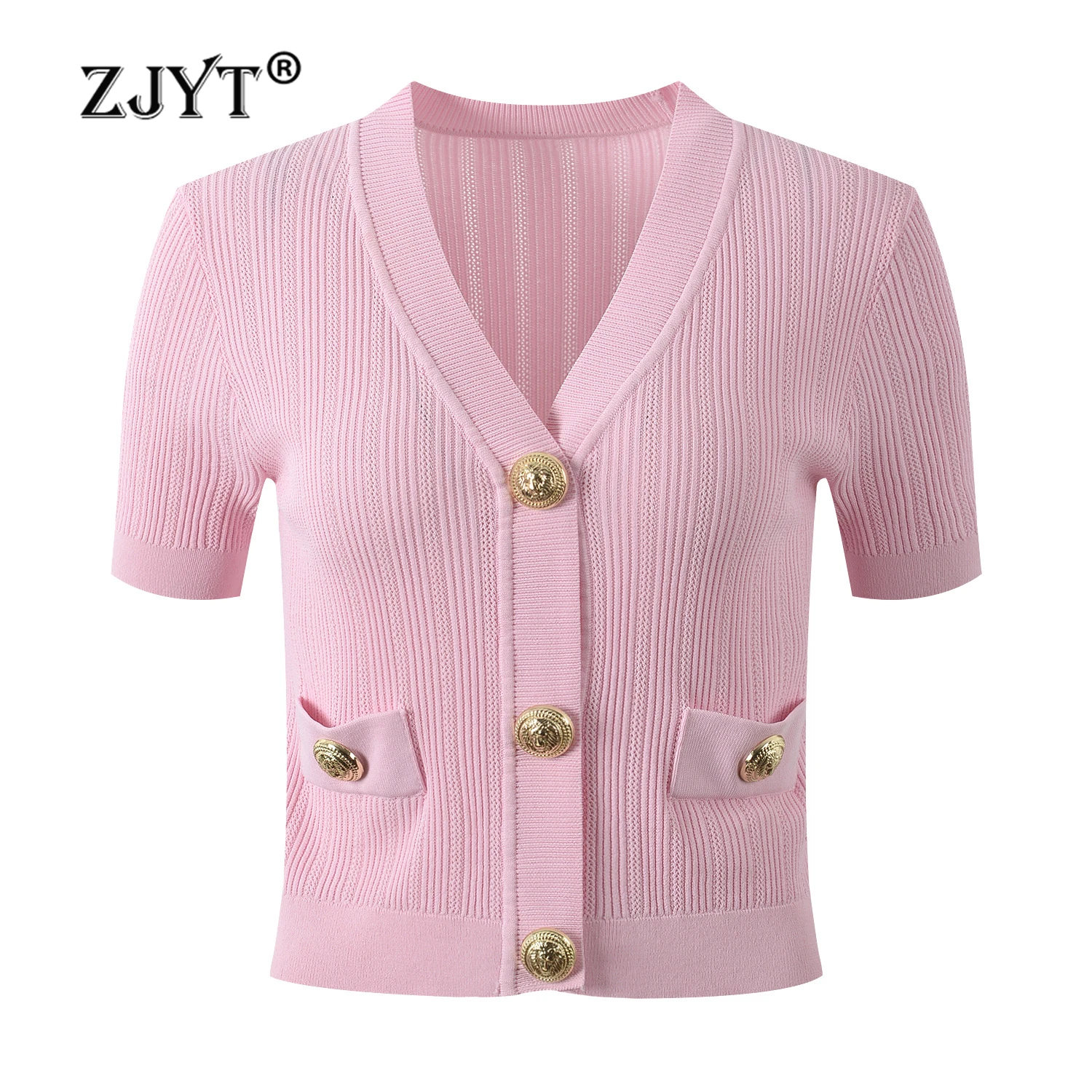 

ZJYT New Summer 2024 Knitted Cardigan Sweater Tops for Women V Neck Single Breasted Buttons Knitwears Pink Jersey Mujer Fashion