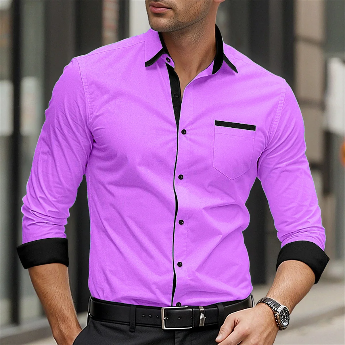 

2024 New Men's Shirt Solid Color Splicing Printed Collar Shirt Fashion Business Casual Men's Long Sleeve Street Top 6XL