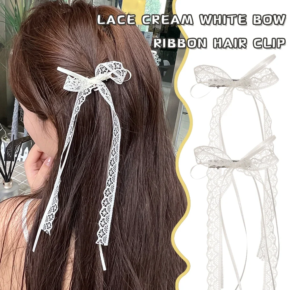 

Korean Lace Cream White Bow Ribbon Hair Clip for Women Hairpins Bullet Style Side Shredded Hairpin Headpiece Clip New Headwear