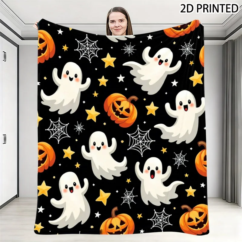 Playful Halloween - Themed Throw Blanket (Black Background, Cute White Blushing Ghosts, Carved Orange Jack - O' - Lanterns, Yell