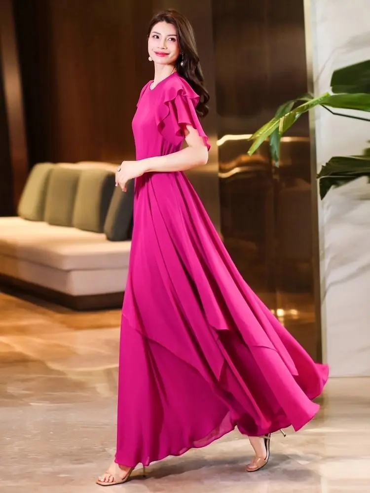 Women Elegant Slim Dress Classic Round Collar  Short Sleeve Pockets Belt Waist Dress Spring Summer Daily Outing Streetwear S912