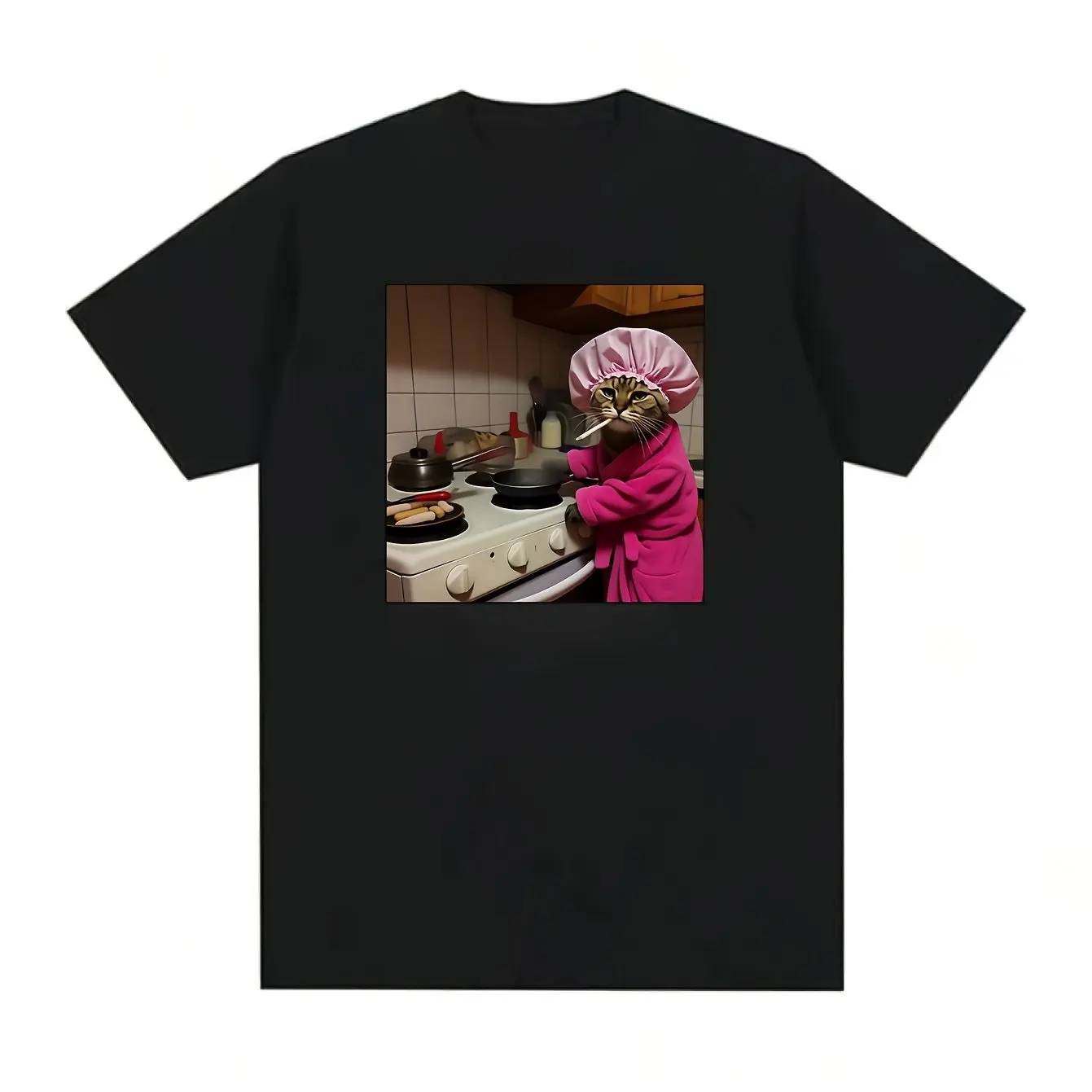 

Мужская футболка Fun Cat Chef Meme в стиле ретро Genjuku, розовая одежда для приготовления пищи, летняя повседневная футболка с короткими рукавами
